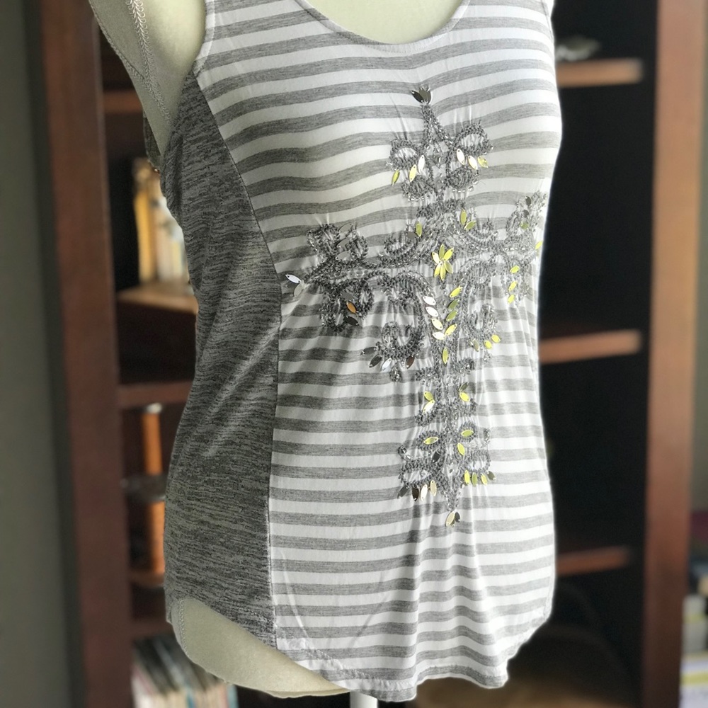 Miss Me Gray and White Striped Tank Top.